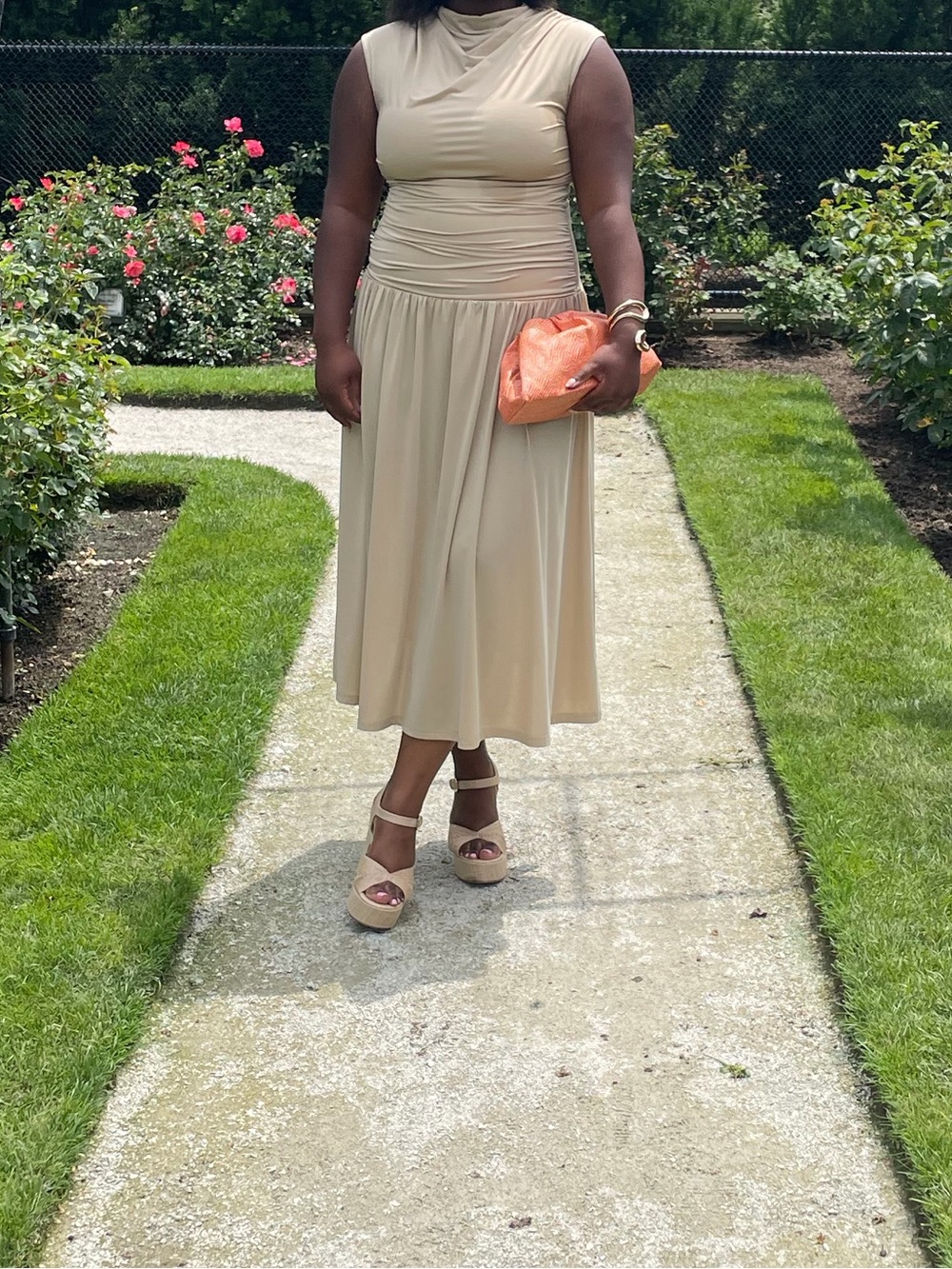 Sleeveless Cream Midi Dress with Gathered Waist